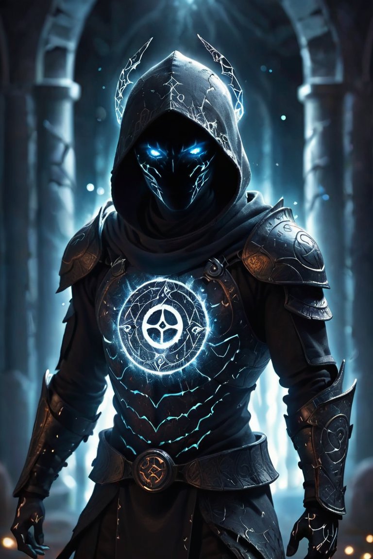 01140-3861789774-A dark ghostly male silhouette. Messenger of Gaa. Cracked skin. light armor. Cracked armor. Canvas hood. Runic circle. Elements.jpg